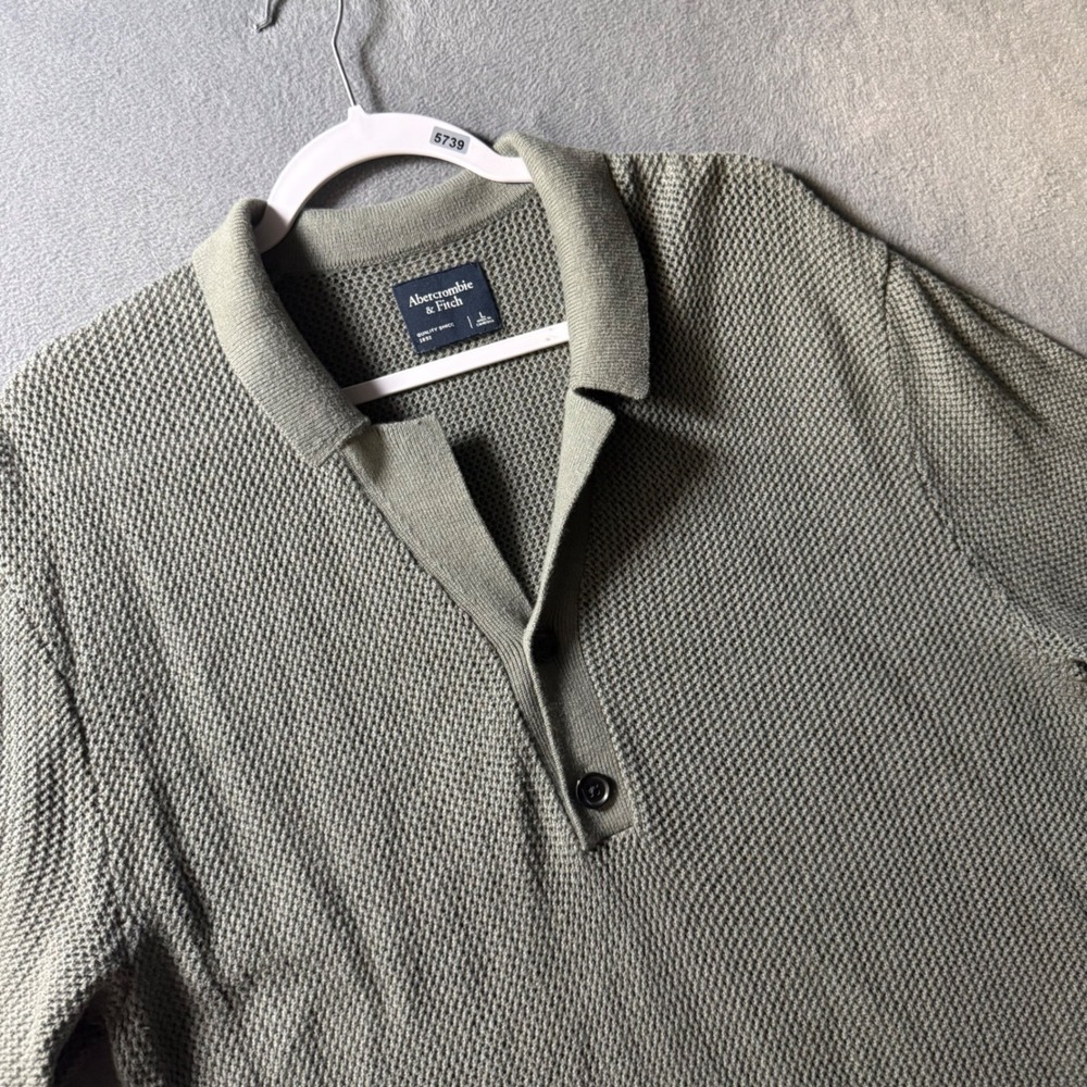 Abercrombie & Fitch Mens Large Olive Green Waffle Knit Sweater Polo Shirt